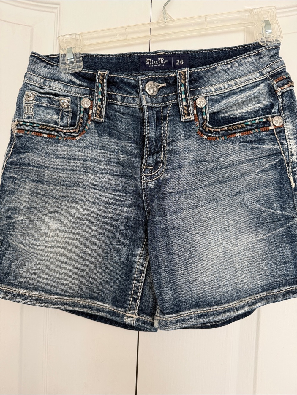 Miss Me Distressed Blue Denim Shorts with Contrast Stitching